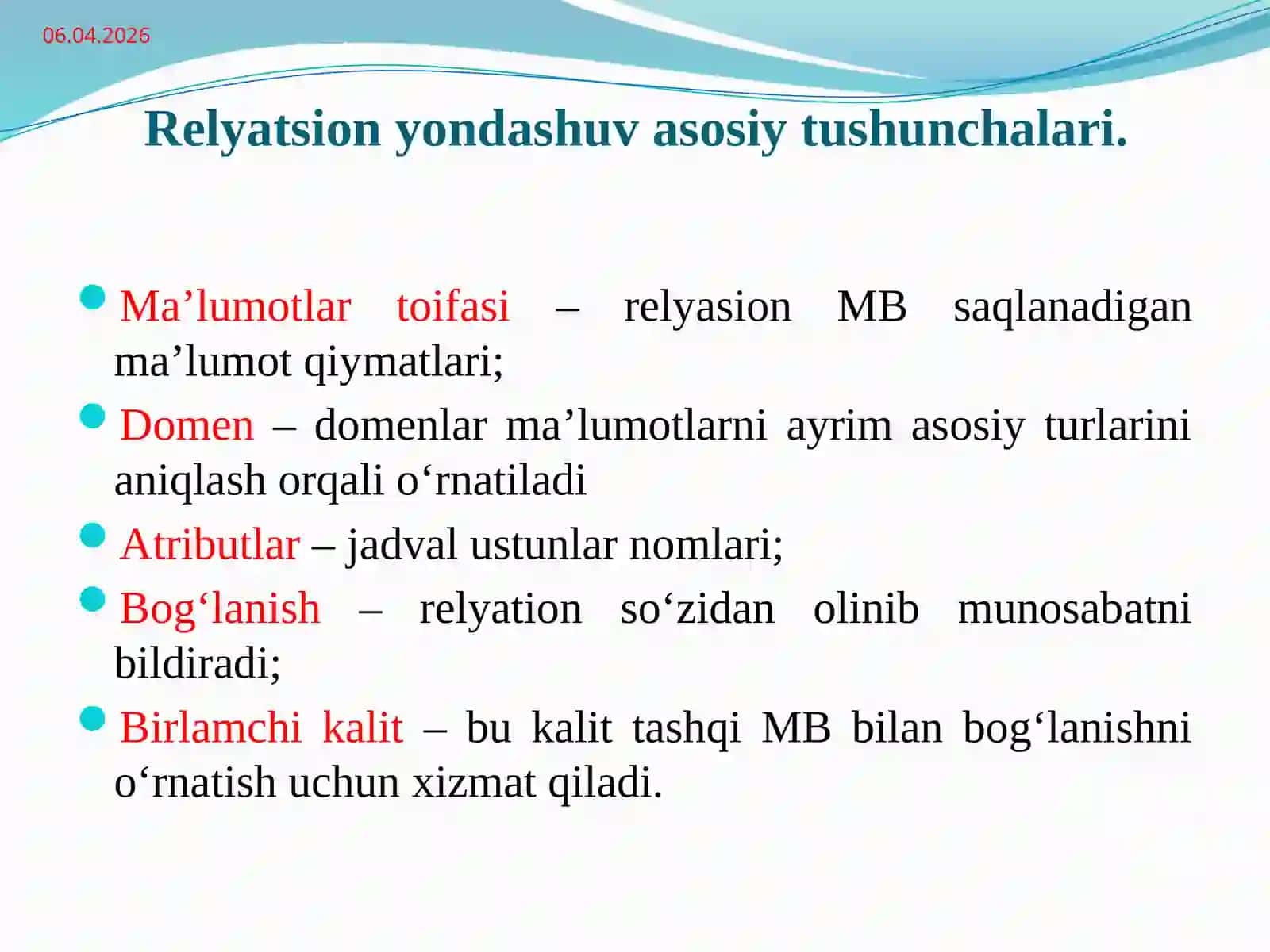 Relyatsion modelining asosiy tushunchalari 3