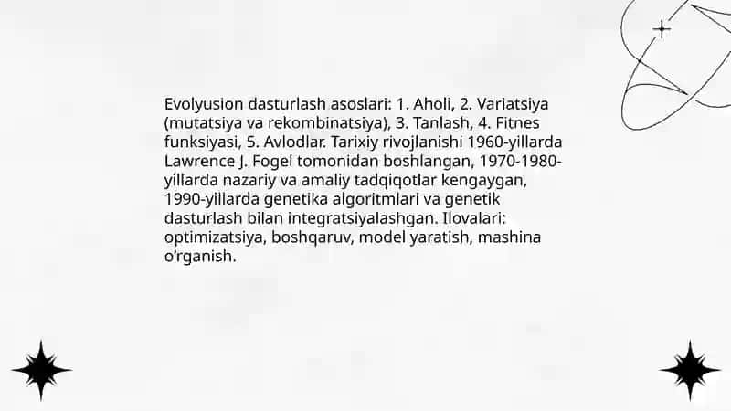 Evolyusion dasturlash. Neyron to'rlar va genetik algoritmlar 3