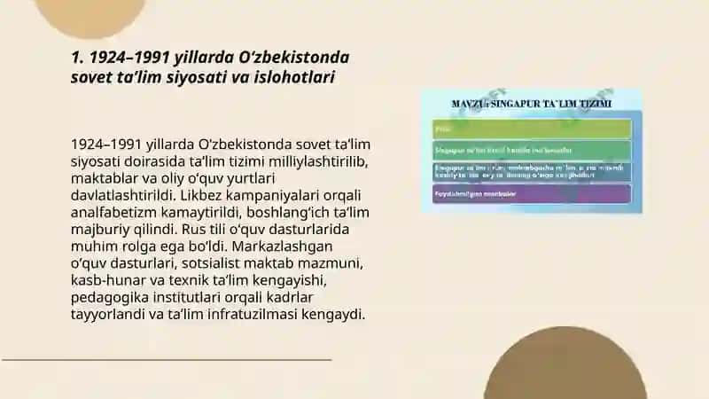 1924-1991 yillarda Oʻzbekiston taʼlim tizimi. Mustaqil Oʻzbekiston taʼlim tizimi 3