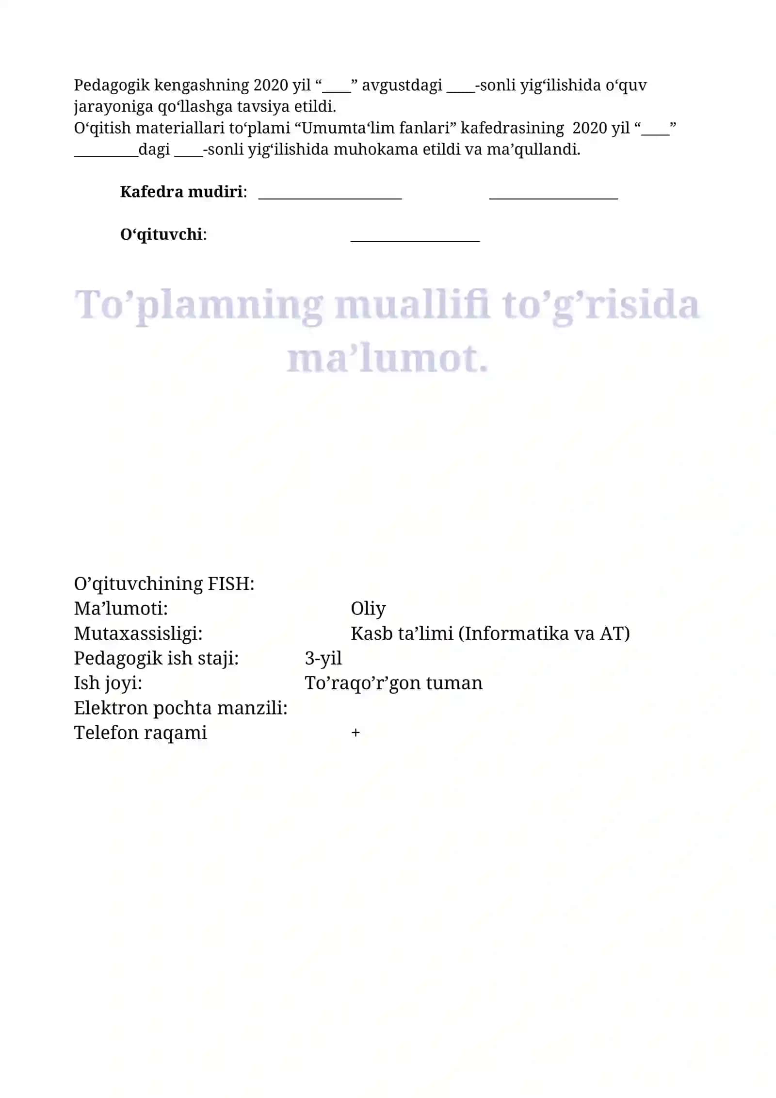Informatika va AT fanidan O'QITISH MATERIALLARI TO'PLAMI 3