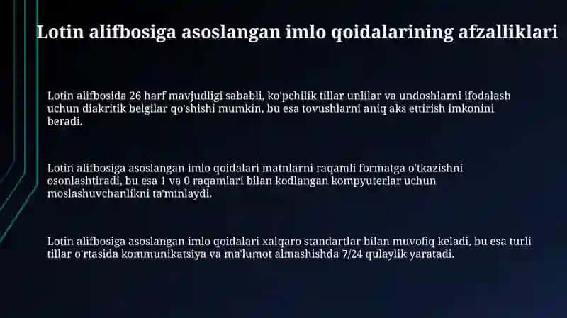 Lotin alifbosiga asoslangan imlo qoidalarining afzalligi 3