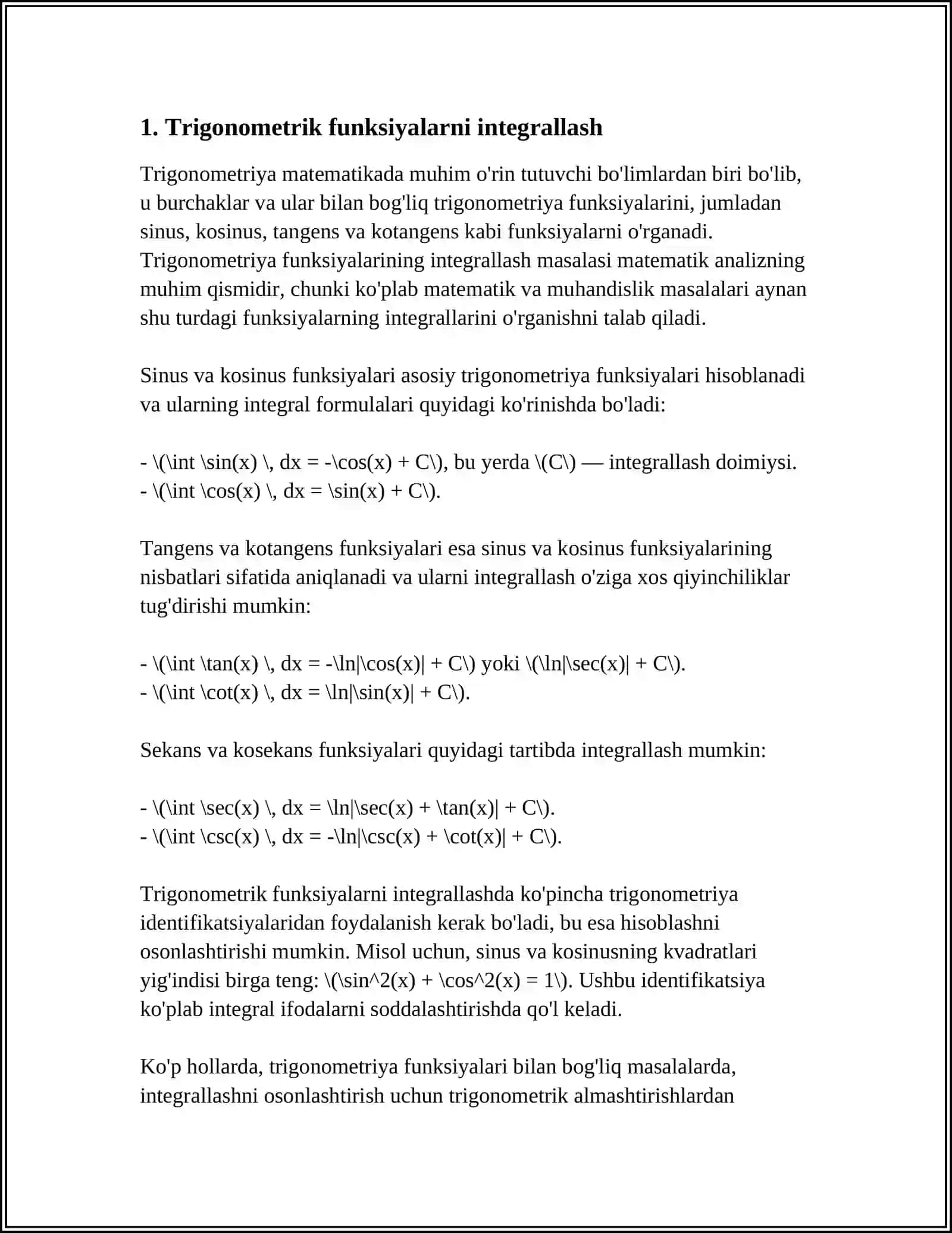 TRIGONOMETRIK VA BA’ZI IRRATSIONAL FUNKSIYALARNI INTEGRALLASH 3
