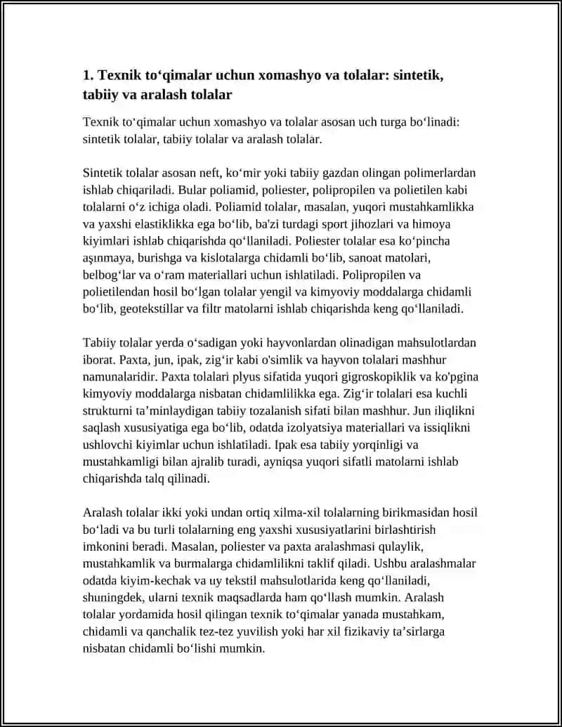 TEXNIK TOʻQIMALAR ISHLAB CHIQARISH TEXNIKA VA TEXNOLOGIYASI 3