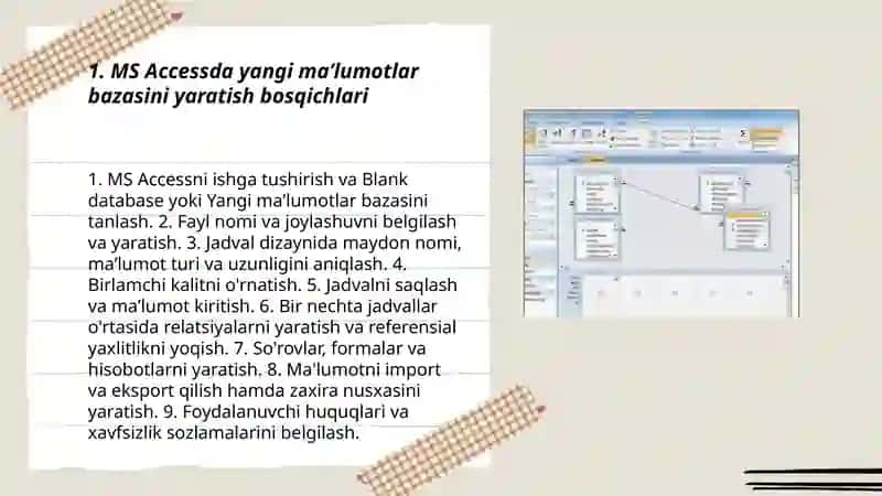 MS Access dasturida maʼlumotlar bazasini yaratish usullari va qoʻllash doirasi Pardaqulova Asolat 3