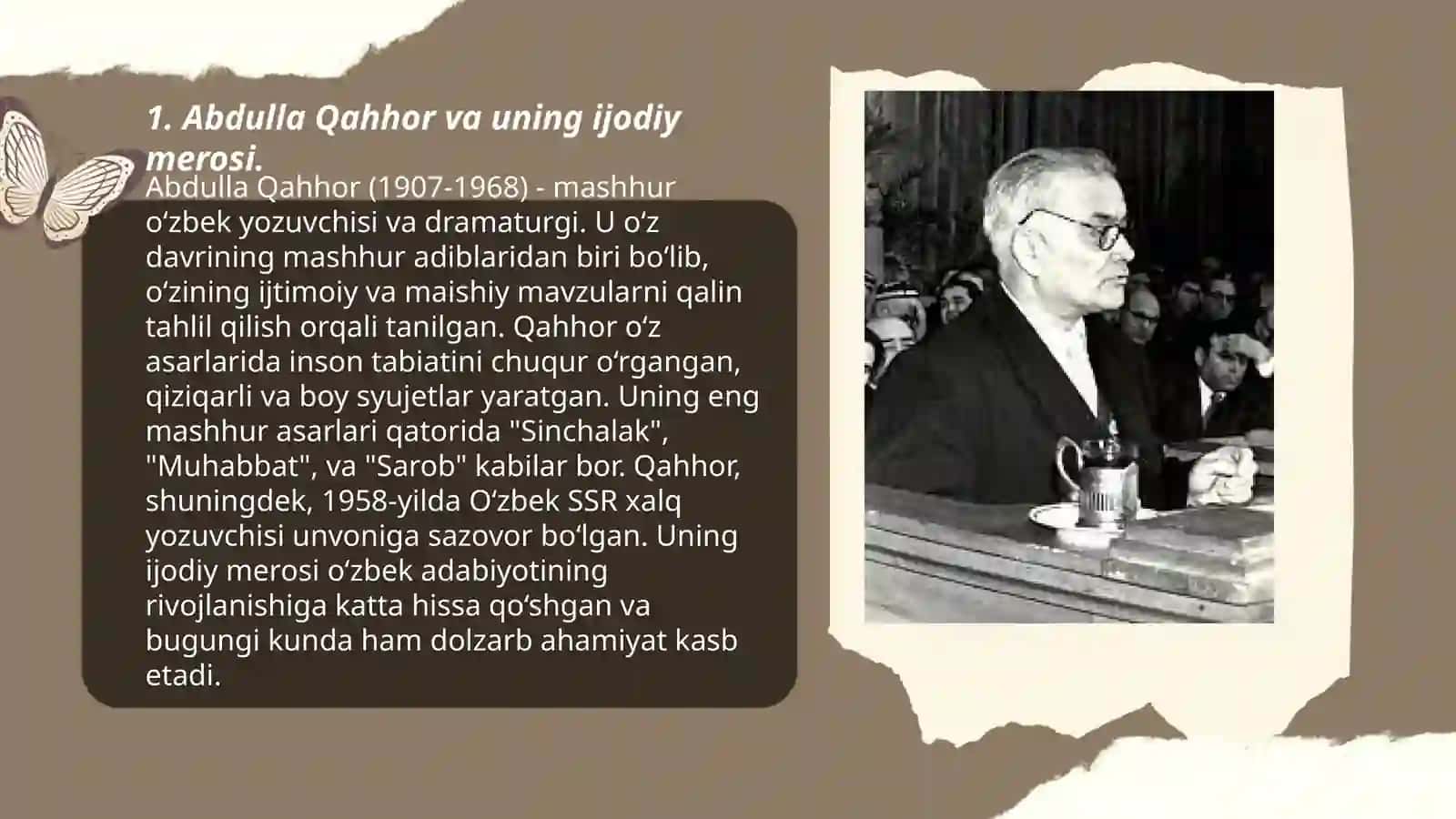 Abdulla Qahhorning "Anor", "Adabiyot muallimi", "San'atkor" hikoyalari tahlili, hikoya qahramonlari haqida 3