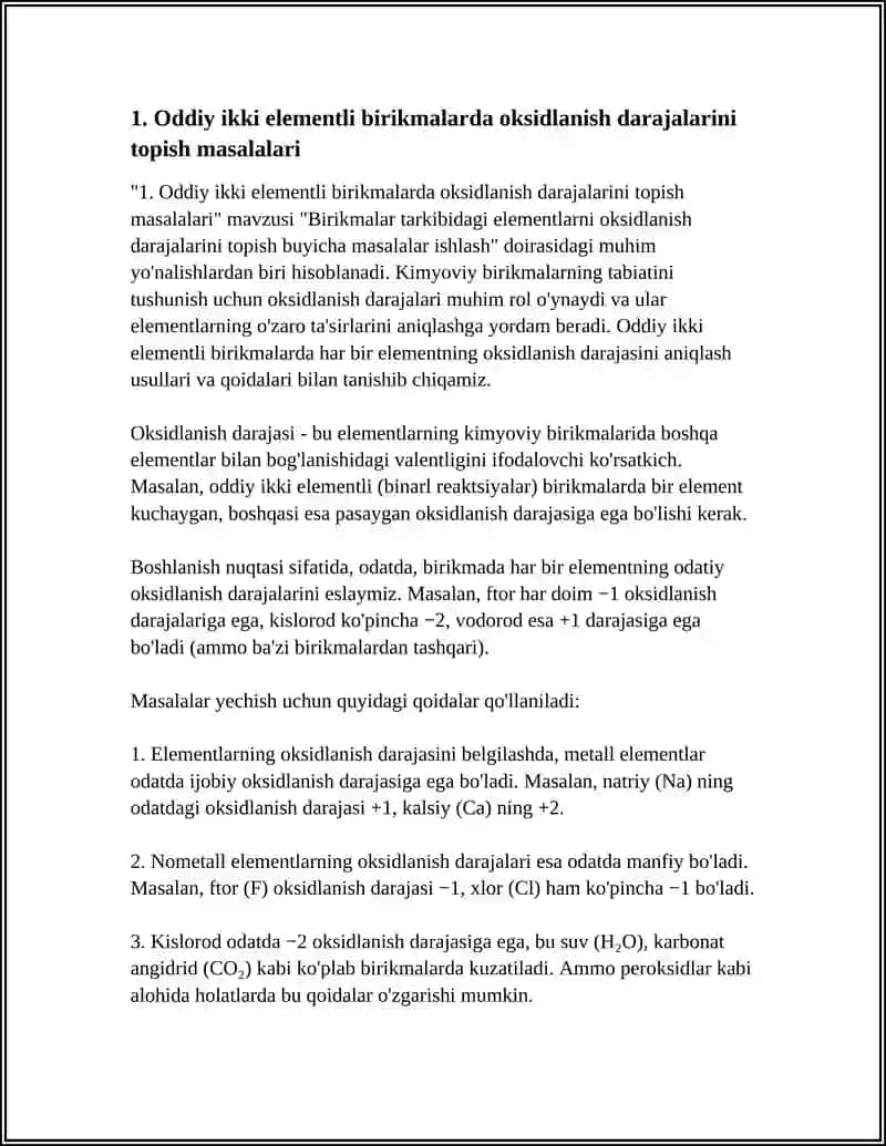 BIRIKMALAR TARKIBIDAGI ELEMENTLARNI OKSIDLANISH DARAJALARINI TOPISH BUYICHA MASALALAR ISHLASH 3