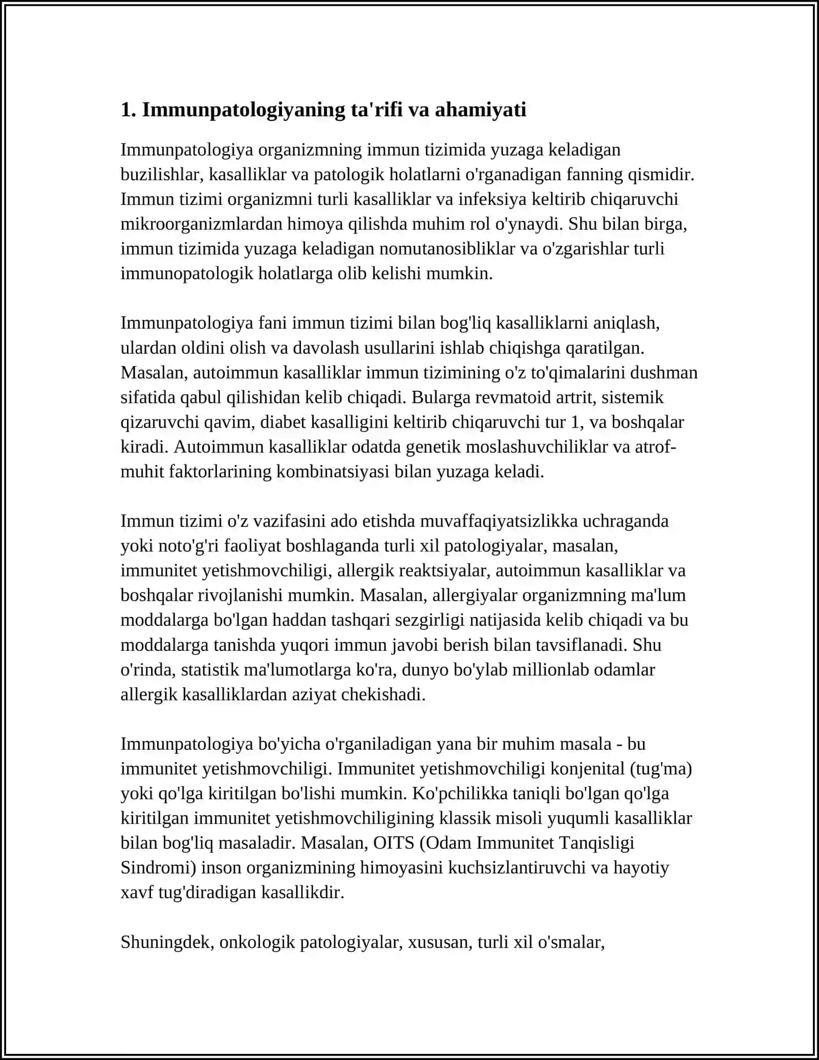 IMMUNOPATOLOGIYA UNING OʼSMA HUJAYRALARI KELIB CHIQISHIDAGI AHAMIYATI MUSTAQIL ISH 3
