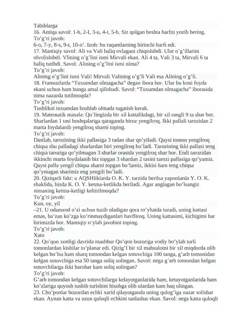 201ta mantiqiy savollar javoblari bilan 3