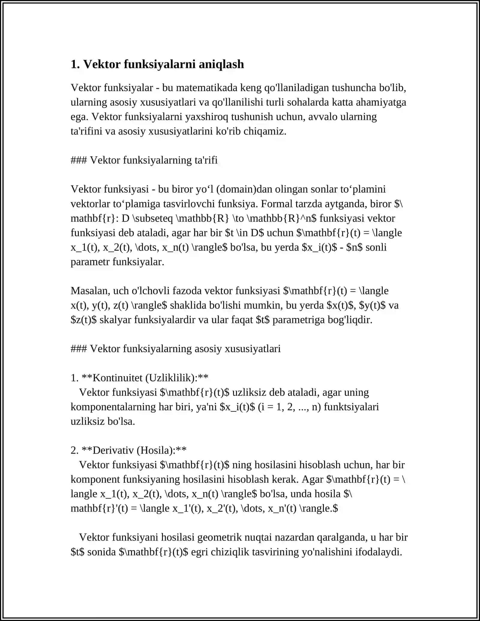 VEKTOR FUNKSIYA VA UNING LIMITI HOSILASI INTEGRALI 3