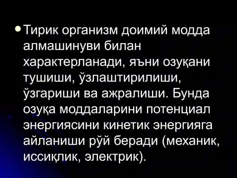 MODDA VA ENERGIYA ALMASHINUVI. METABOLIZMNI BOSHQARILISHI. OQAT RATSIONINI TUZISH ASOSLARI VA MEYORI 3