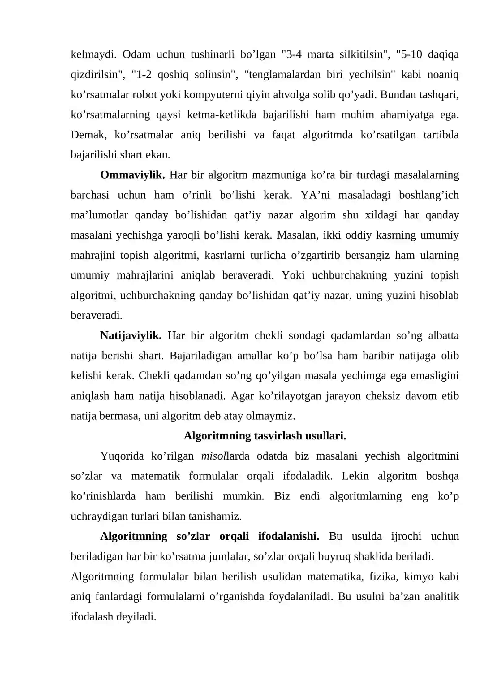 Algoritmlar, ularning xossalari. Berilish usullari va strukturalari 3