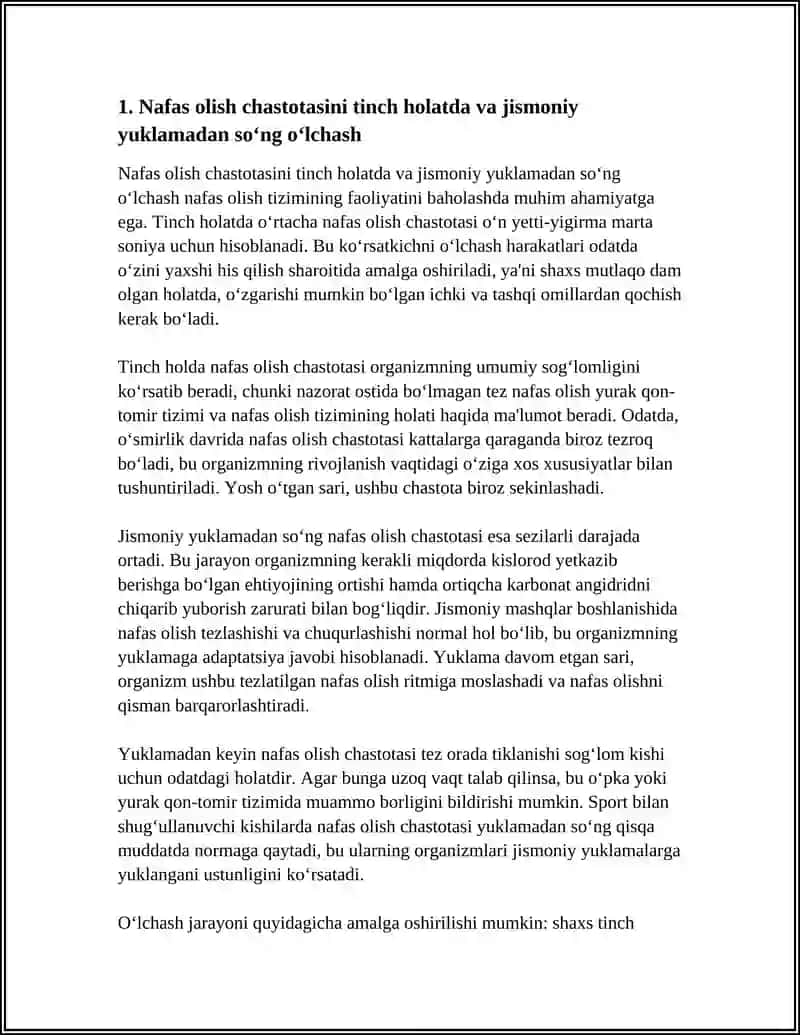 NAFAS TIZIMINING AYRIM KO‘RSATKICHLARINI TINCH HOLATDA VA JISMONIY YUKLAMADAN SO‘NG TEKSHIRISH REFERAT 3