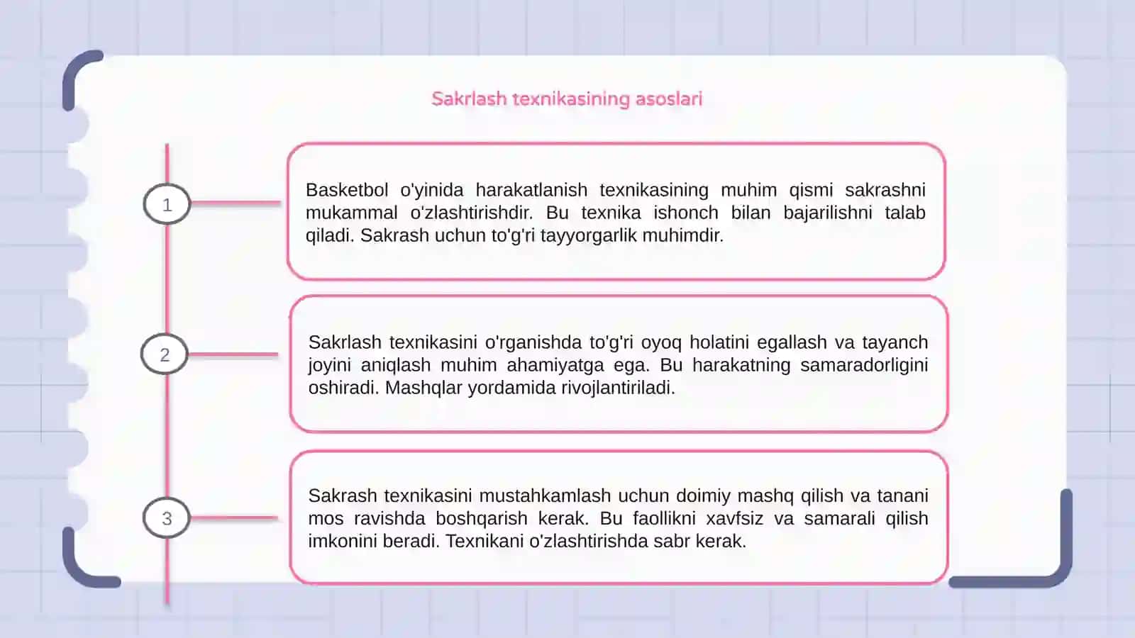 Basketbol o'yinida harakatlanish texnikasini o'rgatish (sakrash) 3