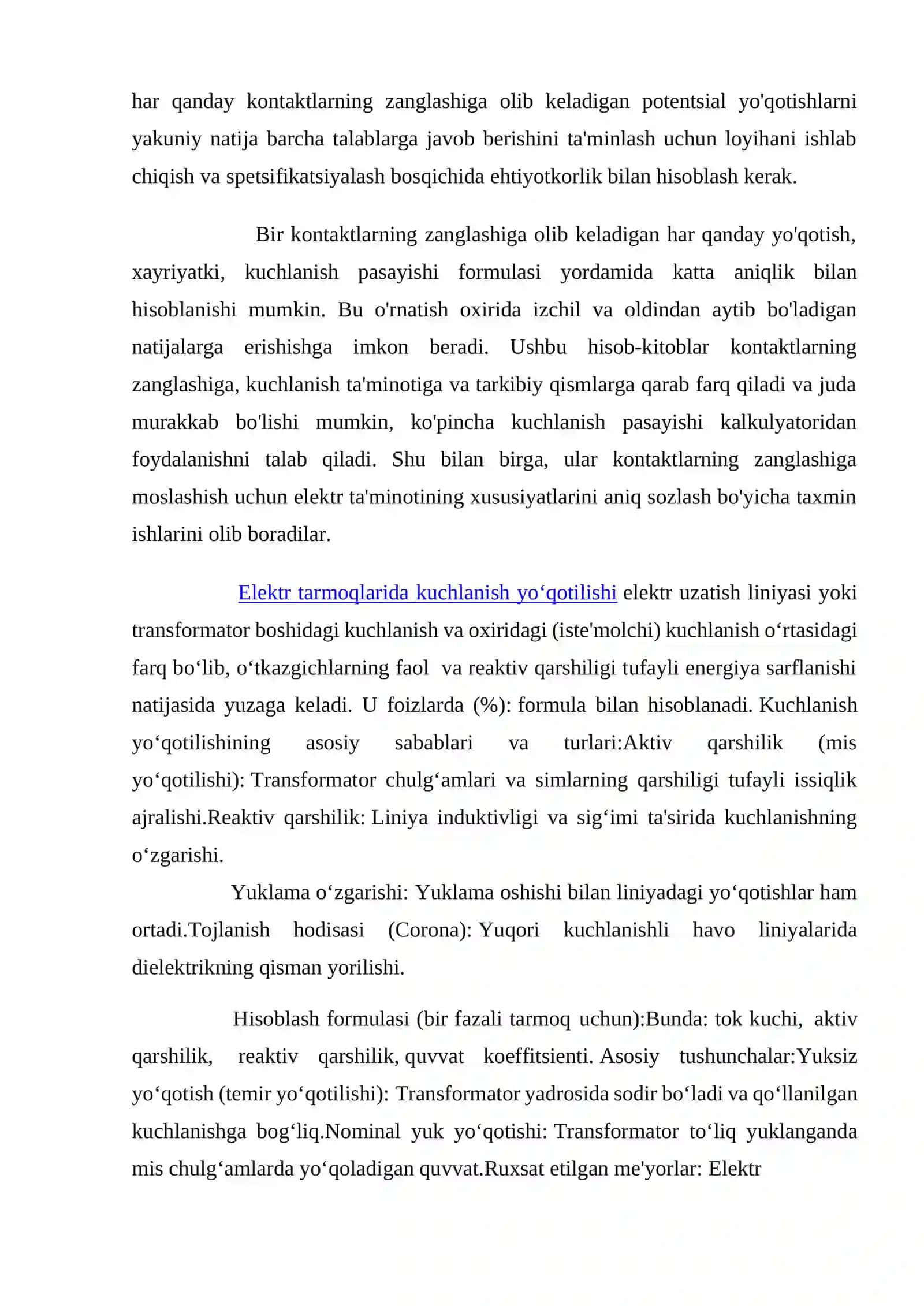 Kuchlanish pasayishi va yo‘qotilishi. Liniya uchastkasining vektor diagrammasi 3