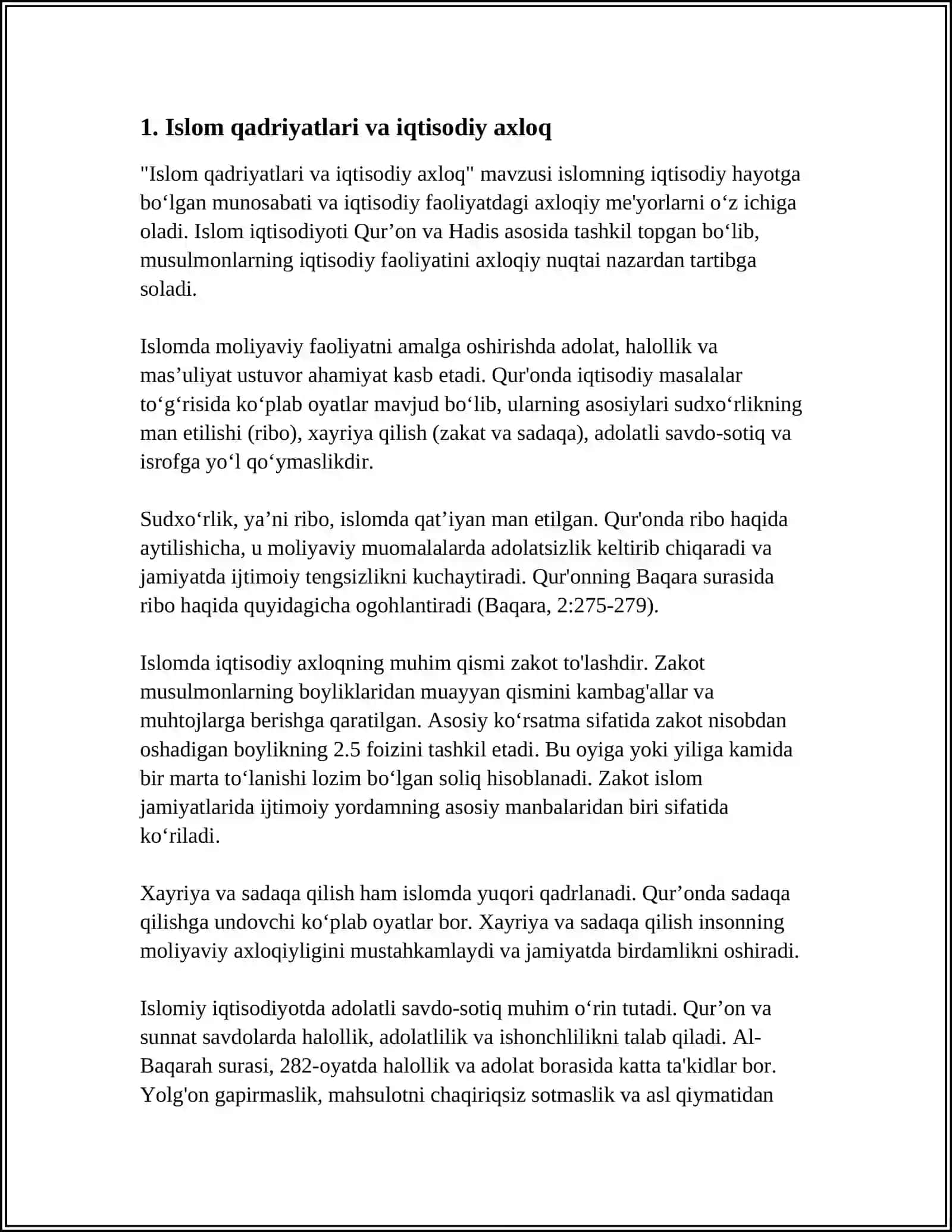 ISLOM QADRIYATLARI VA MARIFATI. ISLOMDA IQTISODIY MUNOSABATLAR 3