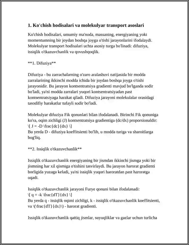 KO'CHISH HODISALARI.DIFFUZIYA.ISSIQLIK O'TKAZUVCHANLIK VA QOVUSHQOQLIK.FAZOVIY O'TISHLAR 3