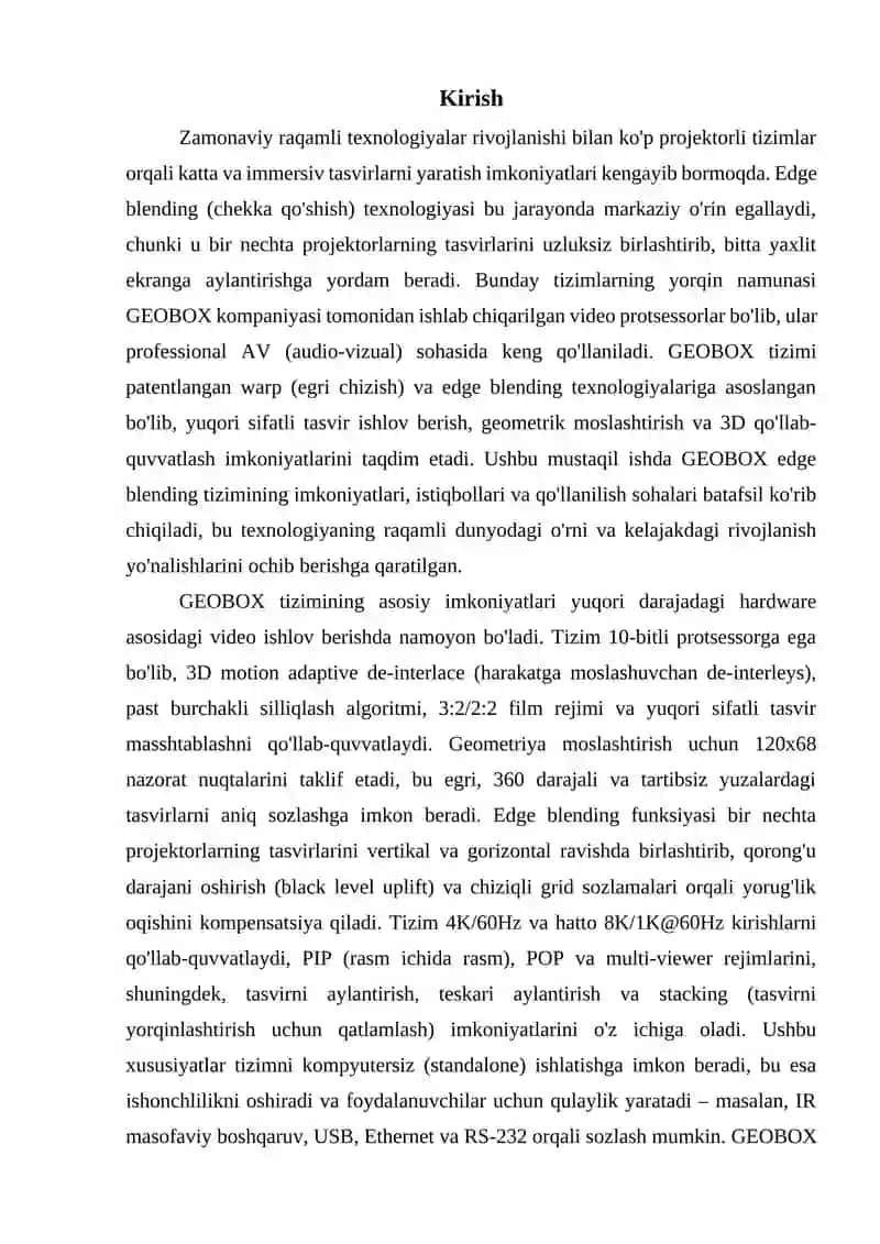 Raqamli texnologiya Edge Blending system GEOBOX tizimi imkoniyatlari, istiqbollari va qo‘llanilish sohalari 3