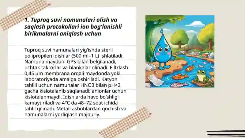 Tuproq suvning ifloslanishida ion bogʻlanishli birikmalarni aniqlab ulardan tozalash g'oyasini ishlab chiqish 3
