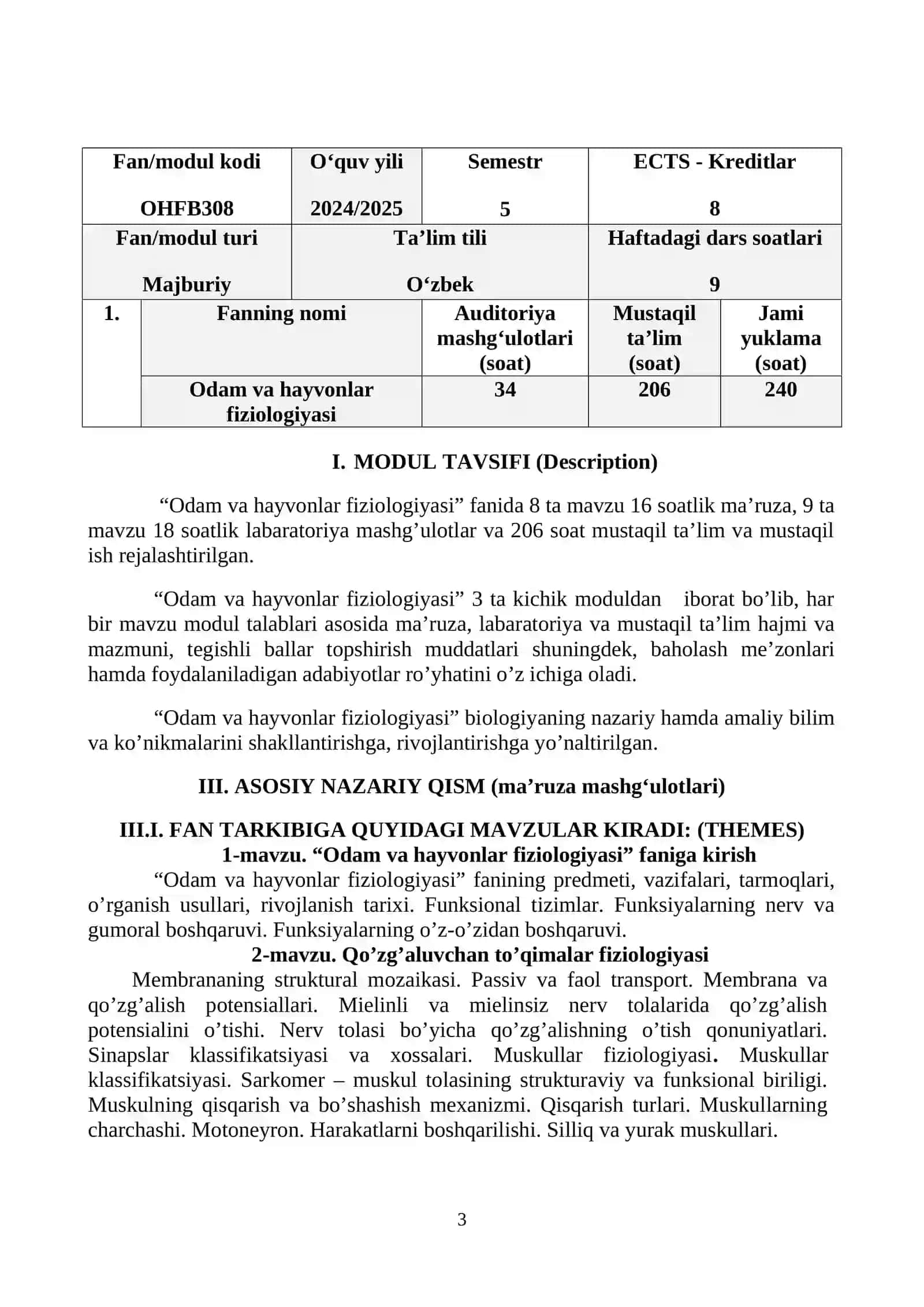 ODAM VA HAYVONLAR FIZIOLOGIYASI SILLABUS 3