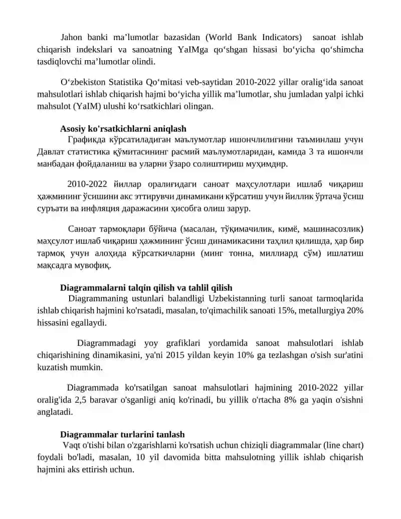 O'zbekistonda sanoat mahsuloti ishlab chiqarishning osishi diagrammasini ishlash 3