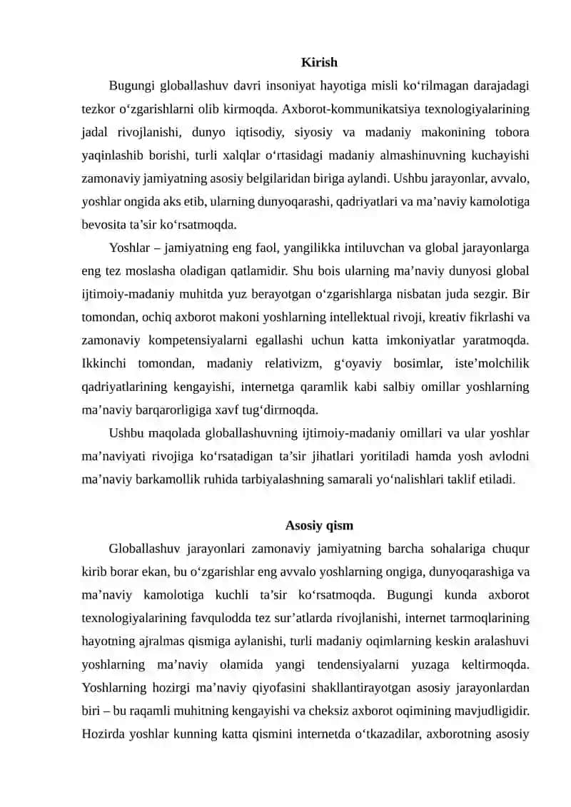 GLOBAL IJTIMOIY- MADANIY O‘ZGARISHLAR KONKETSIDA YOSHLAR MA’NAVIYATI 3