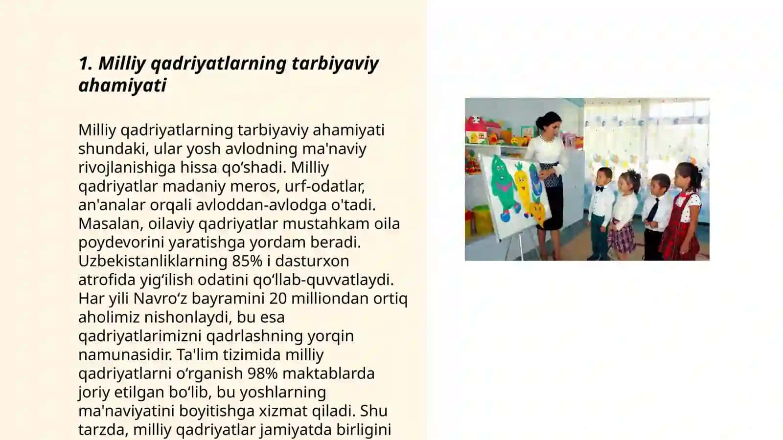 Maktabgacha taʼlim tashkiloti tarbiyalanuvchilarini milliy qadriyatlarga hurmat ruhida tarbiyalashda rivojlantiruvchi markazlarda olib boriladigan oʻyin taʼlimiy va frontal faoliyatni jarayonga tadbiq etish 3