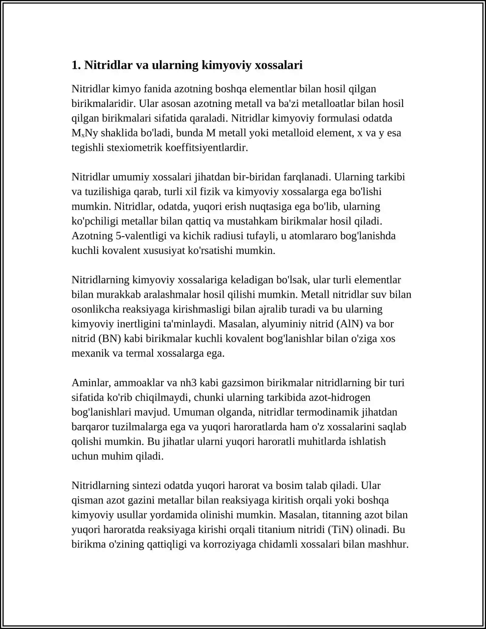 NITRIDLAR, GIDRAZIN, GIDROKSIL AMIN, AZID KISLOTASI XOSSALARI. AZOTNING OKSOKISLOTALARI 3