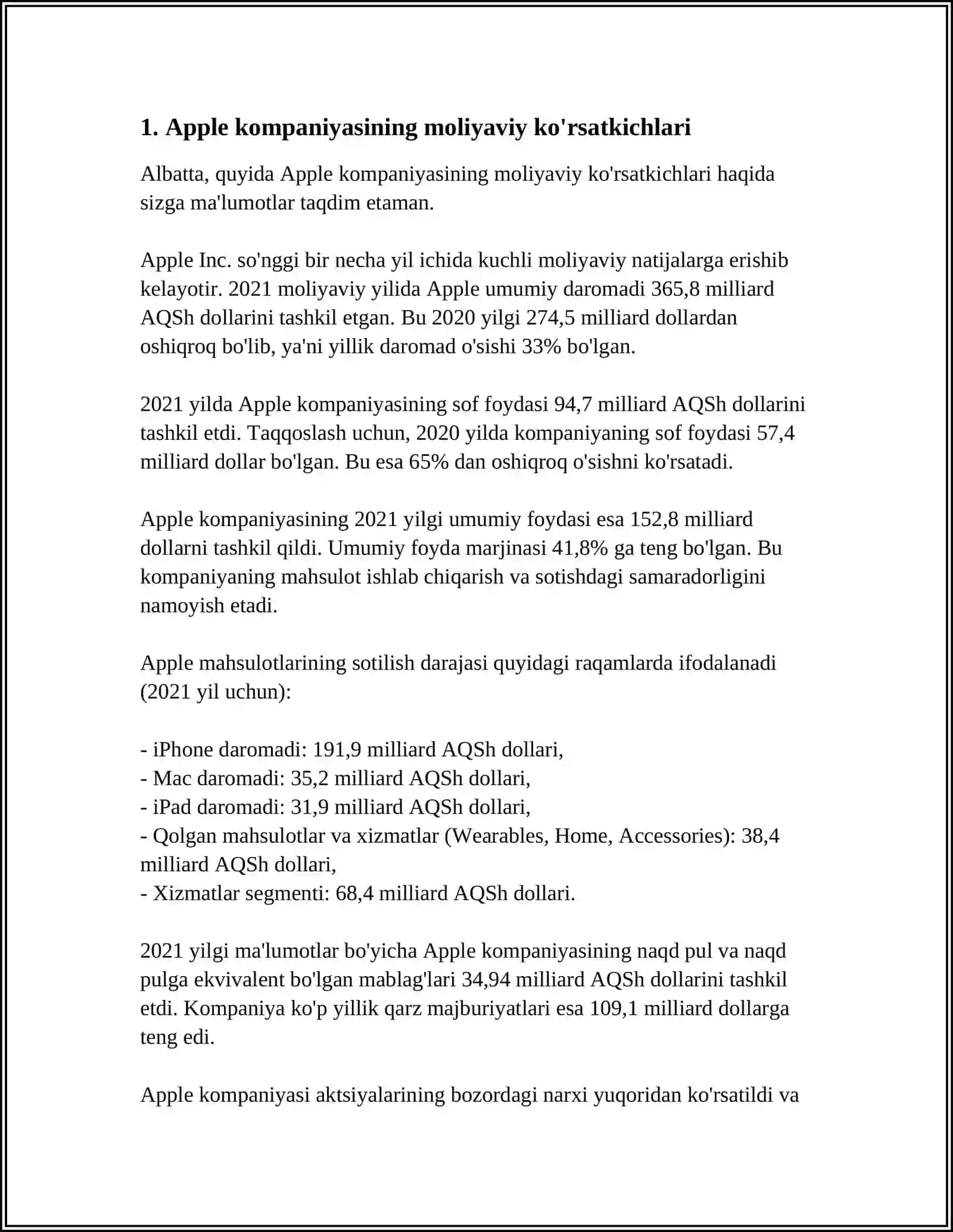 APPLE KOMPANIYASI HAQIDA IQTISODIY MAʼLUMOTLAR 3