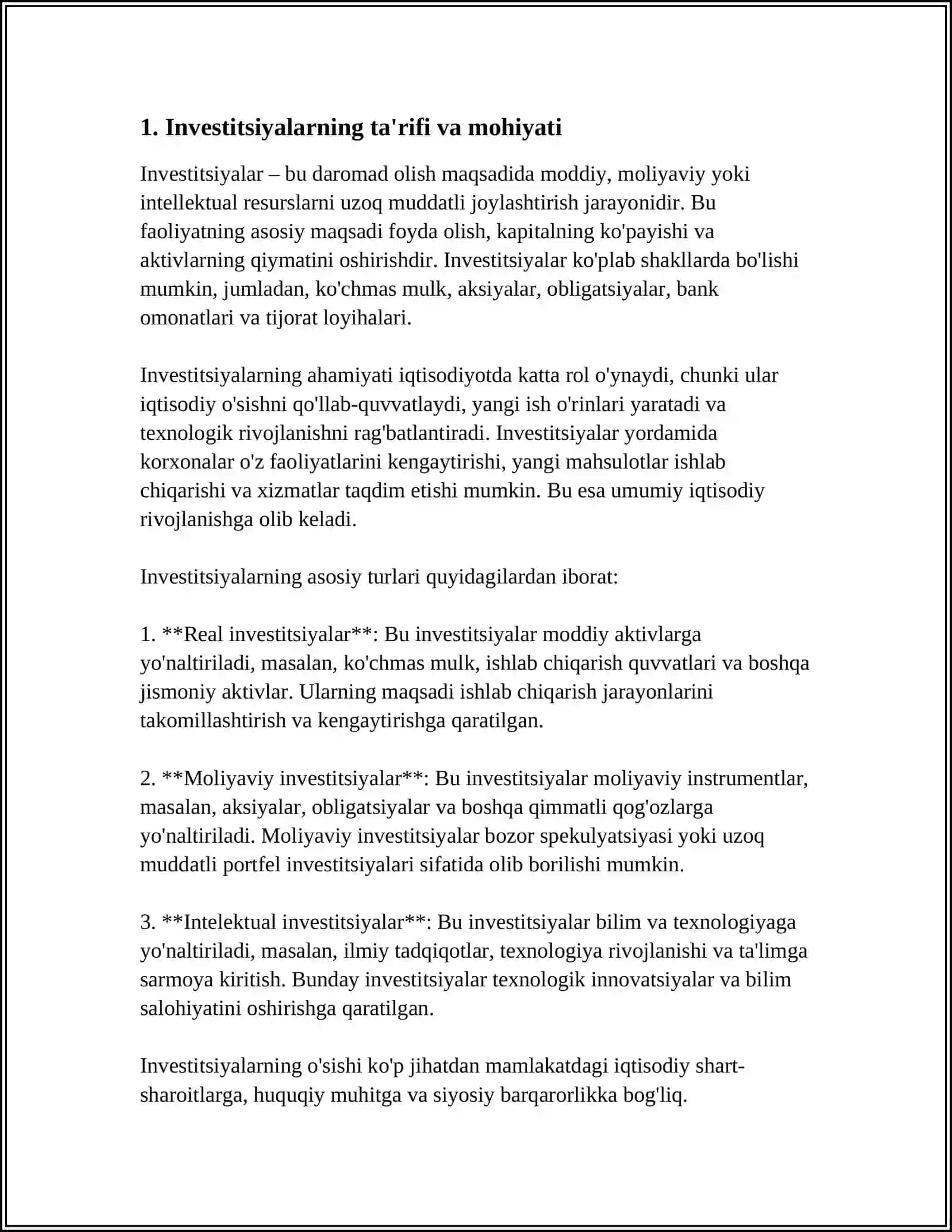 INVESTITSIYALARNING IQTISODIY MAZMUNI, UNING MANBALARI VA OMILLARI 3