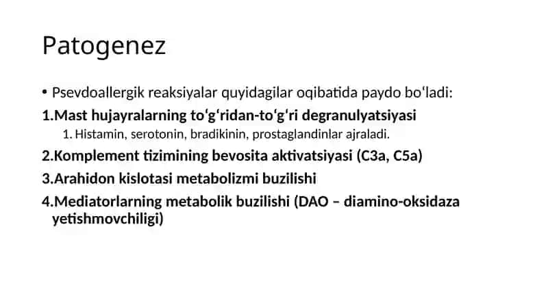 PSEVDOALLERGIYA, ATIPIK ALLERGIK KASALLIKLAR, DORI VA OZIQ-OVQAT ALLERGIYALARI 3