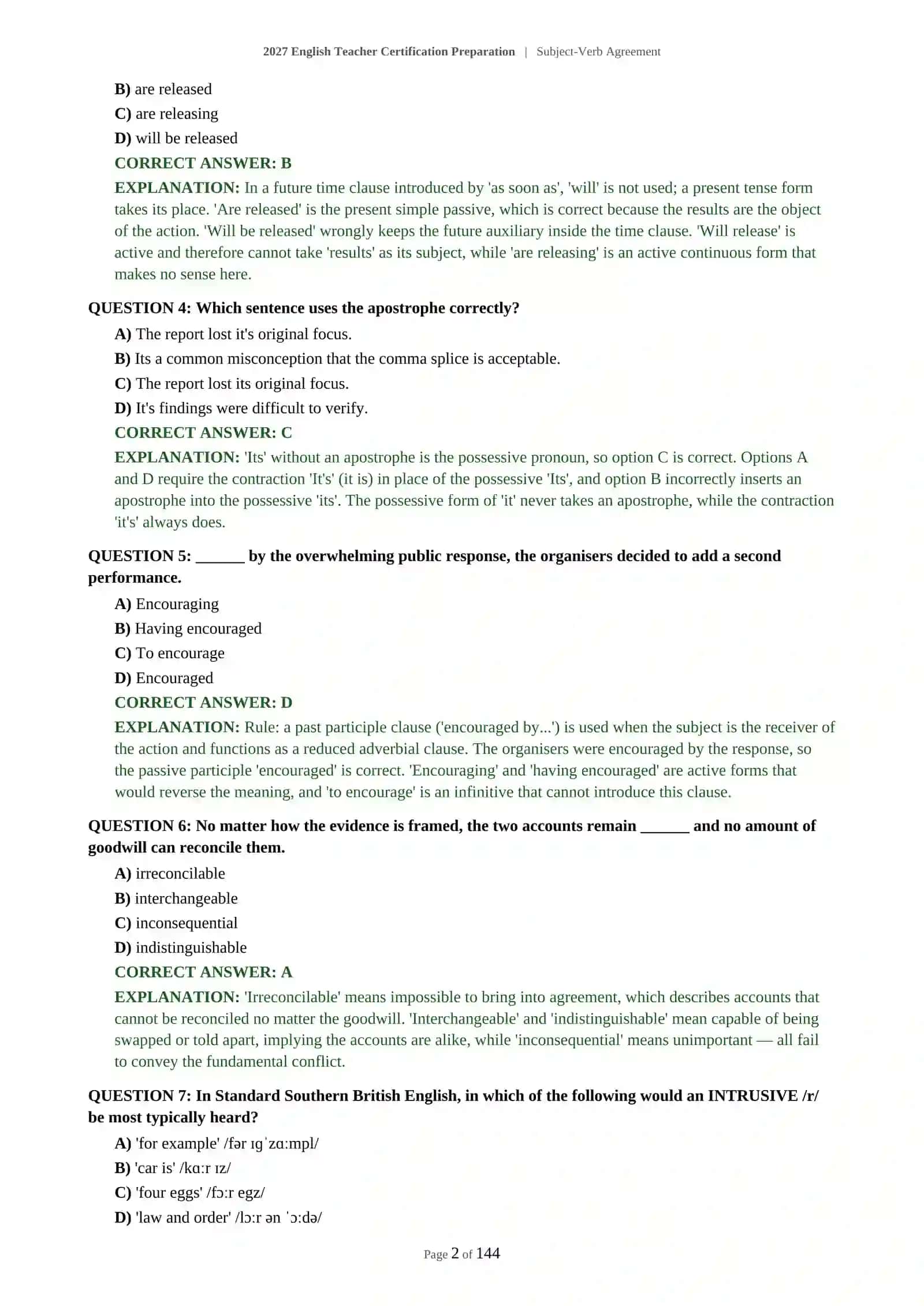 ENGLISH TEACHER PRACTICE TEST - SUBJECT-VERB AGREEMENT - 2027 CERTIFICATION PREPARATION (600 QUESTIONS) 3