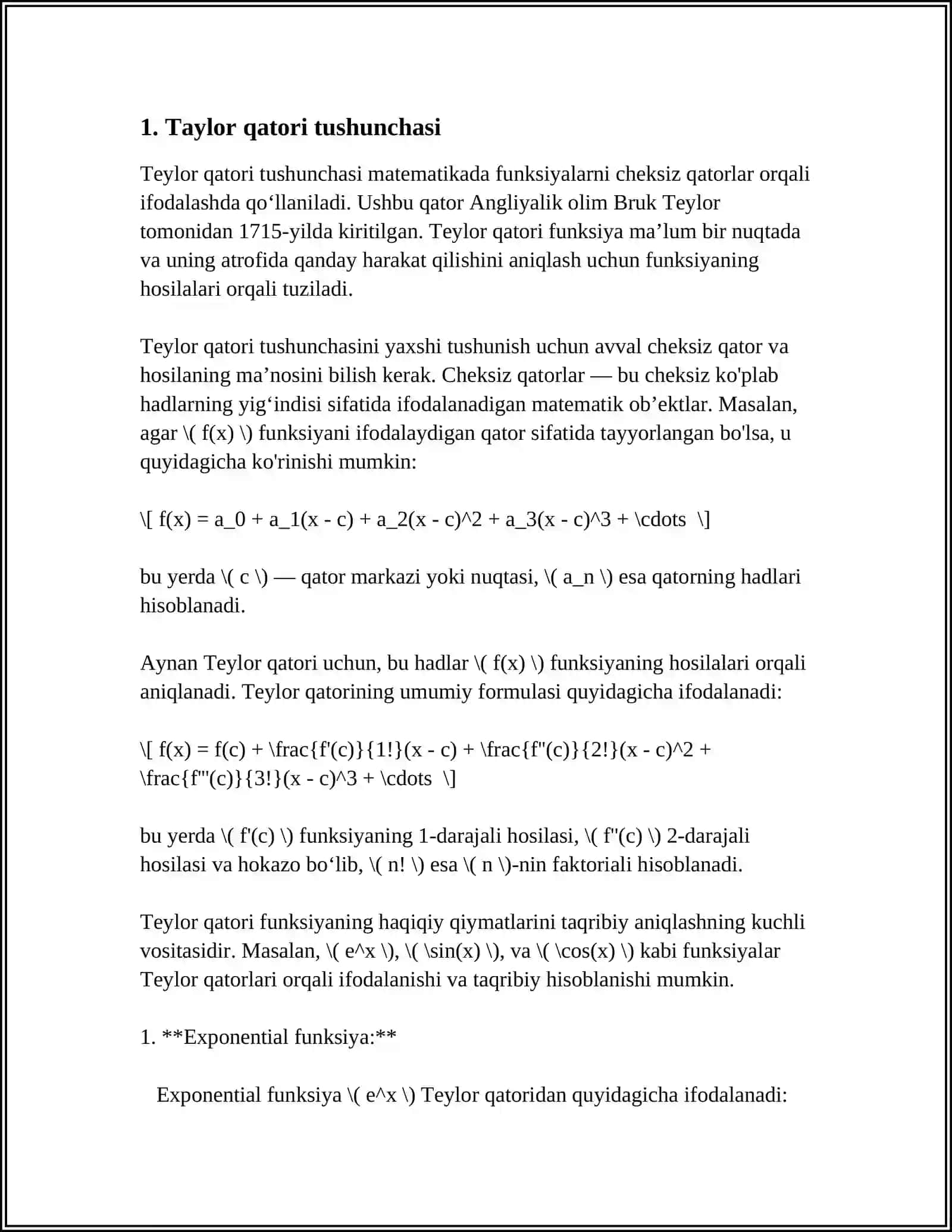 FUNKSIYALARNI TEYLOR VA MAKLORING QATORLARIGA MISOLLAR 3