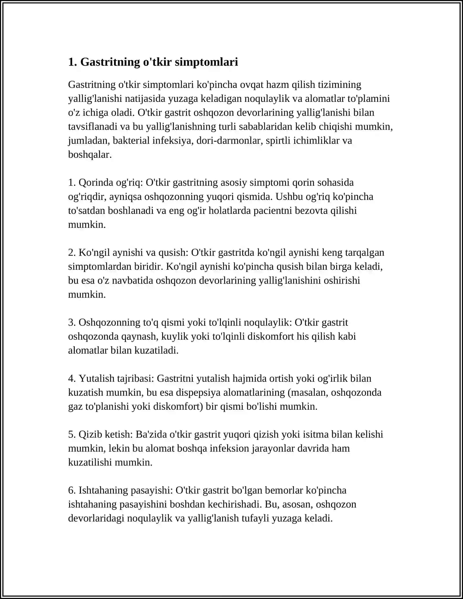 GASTRITLAR SIMPTOMATLOGIYASI (O'TKIR VA SURUNKALI)ME 'DA VA 12 BARMOQ ICHAK YARA KASALLIGI SIMPTOMATOLOGIYASI 3