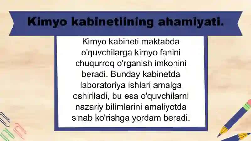 Maktab kimyo kabineti va uning vazifalari. Kimyo kabinetidagi xavfsizlik texnikasi va mehnatni ximoya qilish masalalari 3
