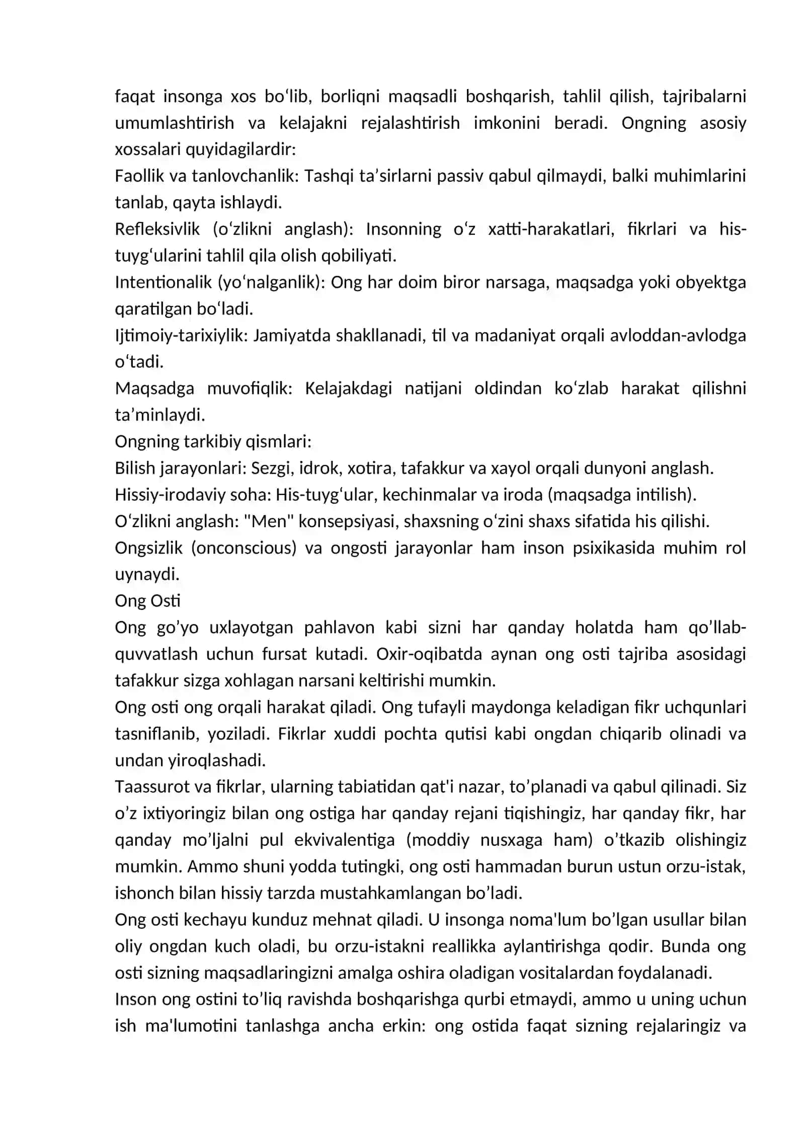 Ong haqida tushuncha va uning xossalari. Ong osti sohasi. Hozirgi zamon psixologiyasining tadqiqot metodlari. Psixikaning filogenetik taraqqiyoti 3