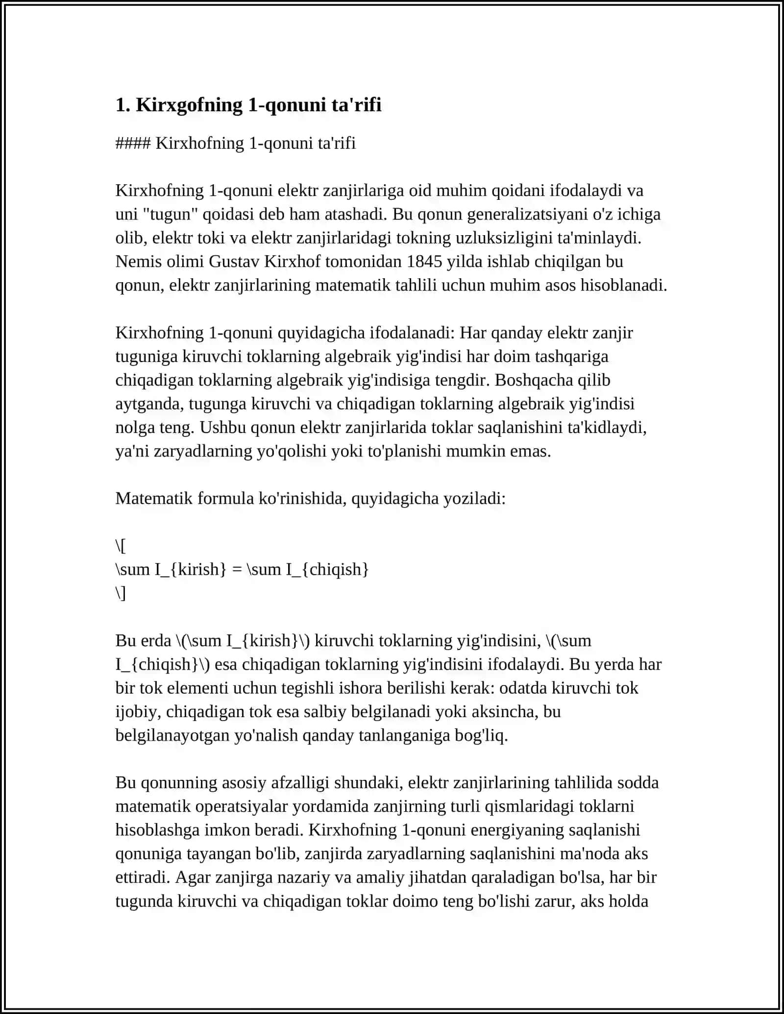 ELEKTR SXEMALARNI KIRXGOFNING 1- QONUNLARI ASOSIDA HISOBLASH 3