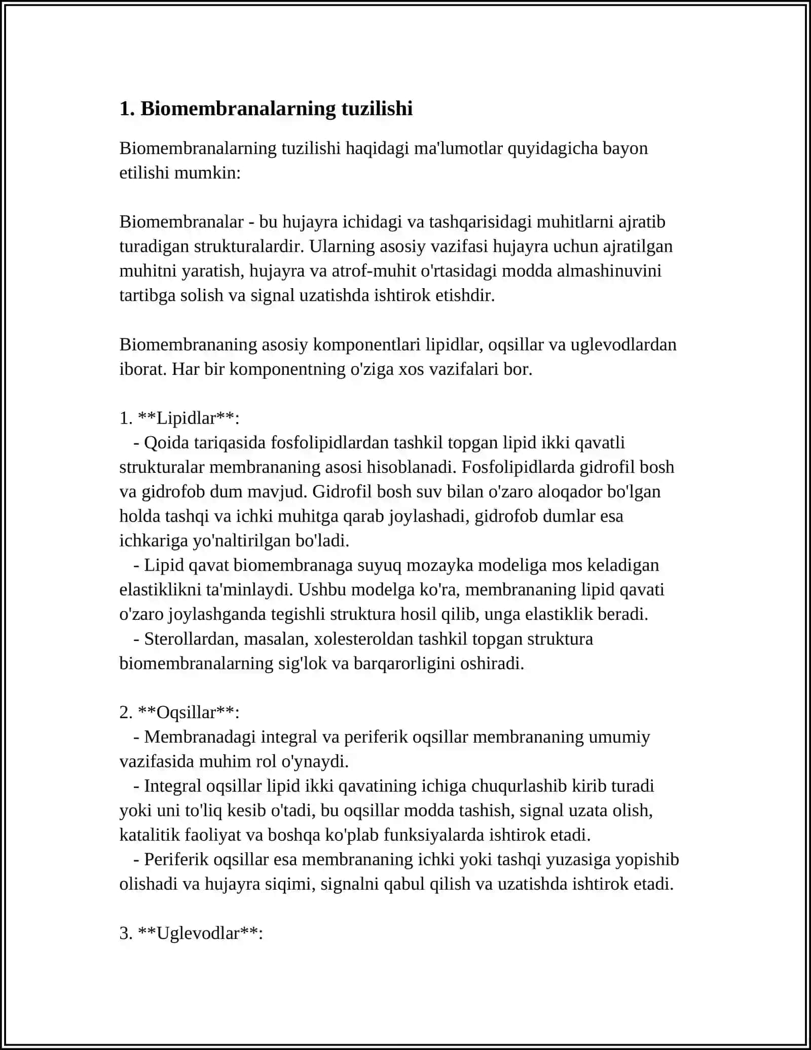 BIOLOGIK MEMBRANALAR TIRIK ORGANIZMLAR FAOLIYATINING ASOSI. BIOLOGIK MEMBRANALAR MODELLARI 3
