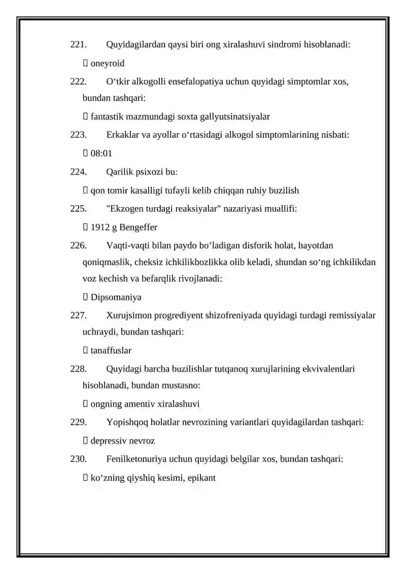 PSIXIATRIYA MUTAXASSISLIGI BOʻYICHA SHAKLLANTIRILGAN TEST SAVOLLARINING JAVOBLAR 3