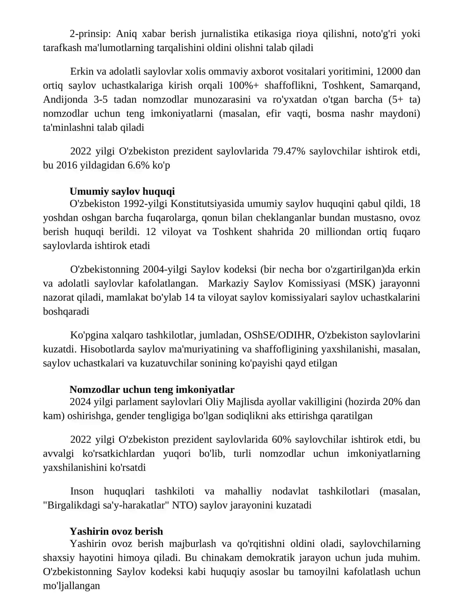 O'zbekiston Respublikasida Erkin Saylovlarni Amalga Oshirish Pirinsiplari 3