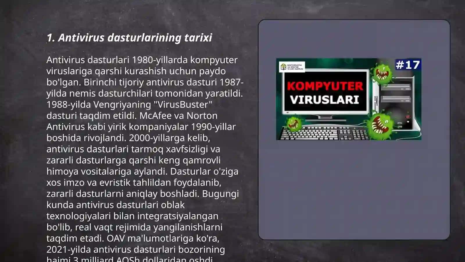 Antiviruslar va ularning turlari.Kompyuter berishlari 3
