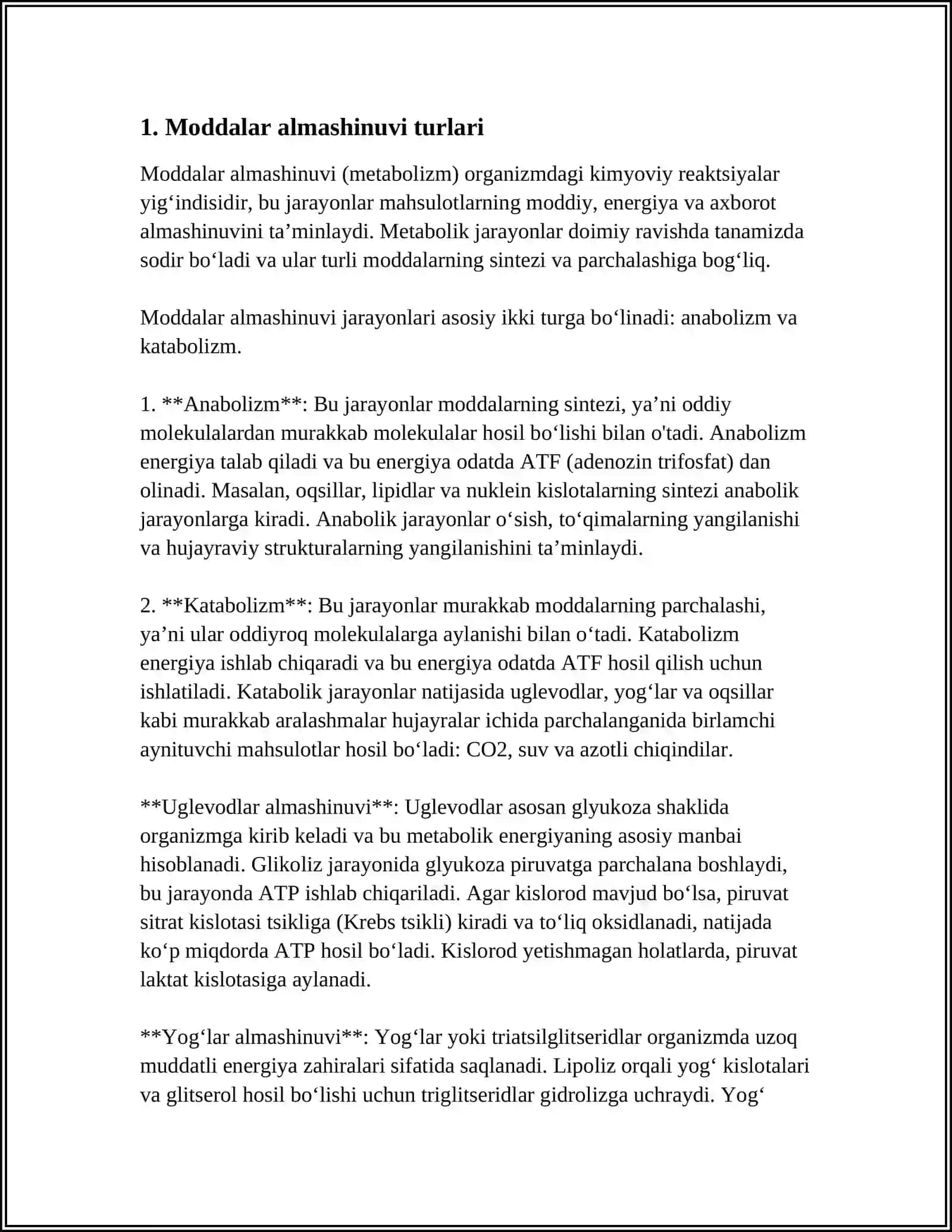 MODDALAR ALMASHINUVI VA OʻRGANISH USULLARI.ANOBOLIZM VA KATABOLIZM 3