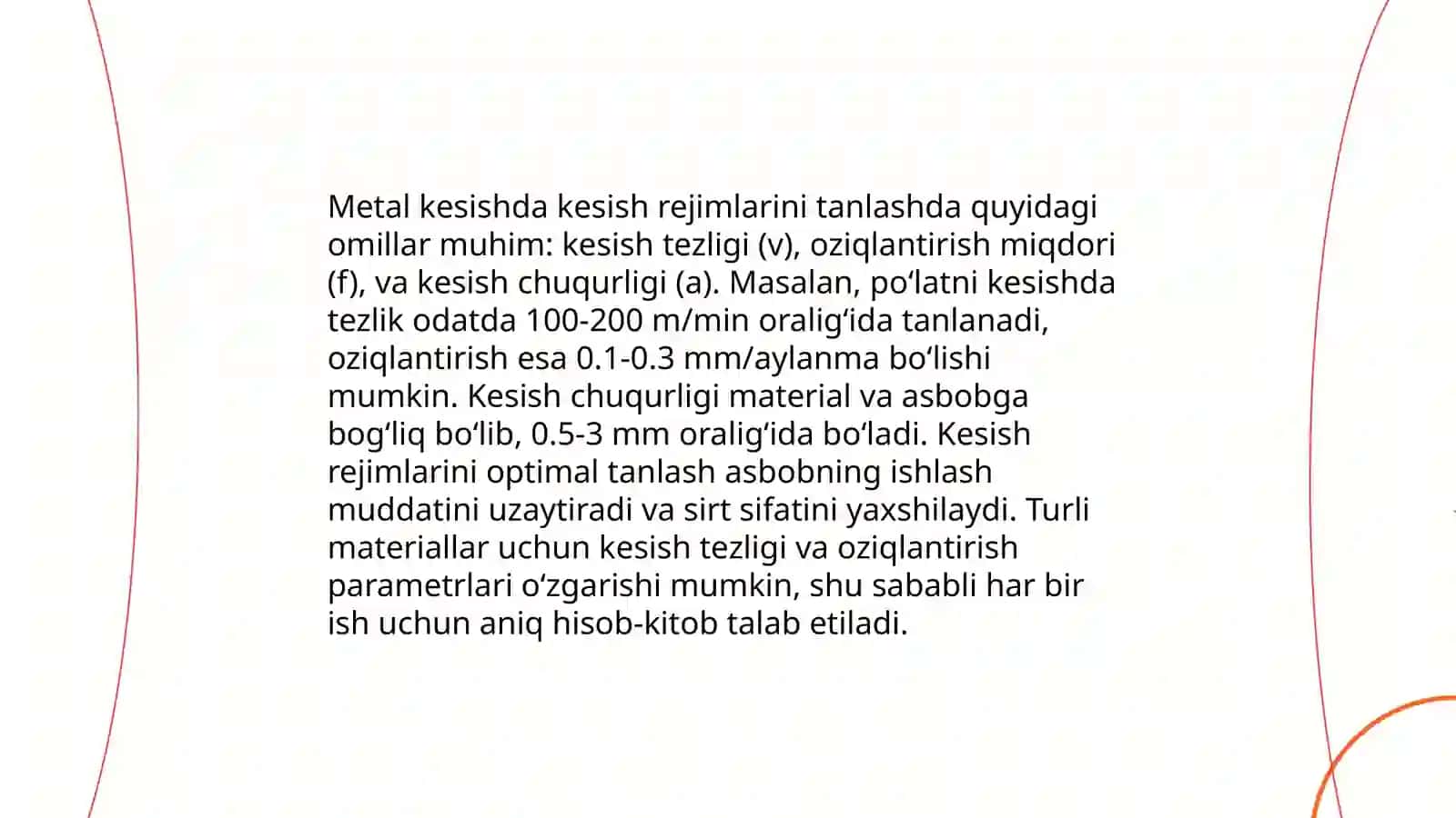 Turli operatsiyalar uchun kesish rejimlarini tanlash 3