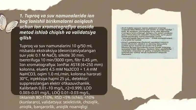 Tuproq va suvning ifloslanishida ion bog'lanishli birikmalarni aniqlab,ulardan tozalash usulini ishlab chiqish 3