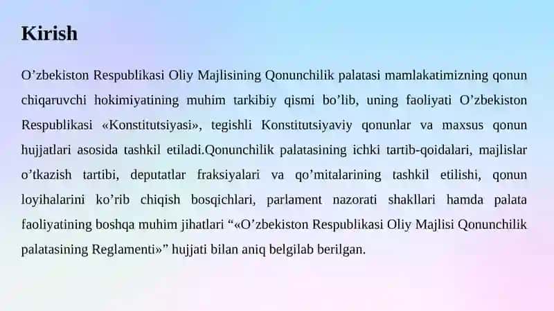 O’ZBEKISTON RESPUBLIKASI OLIY MAJLISI QONUNCHILIK PALATASI REGLAMENTITO’G’RISIDA” GI QONUNNING MAZMUN-MOHIYATI 3