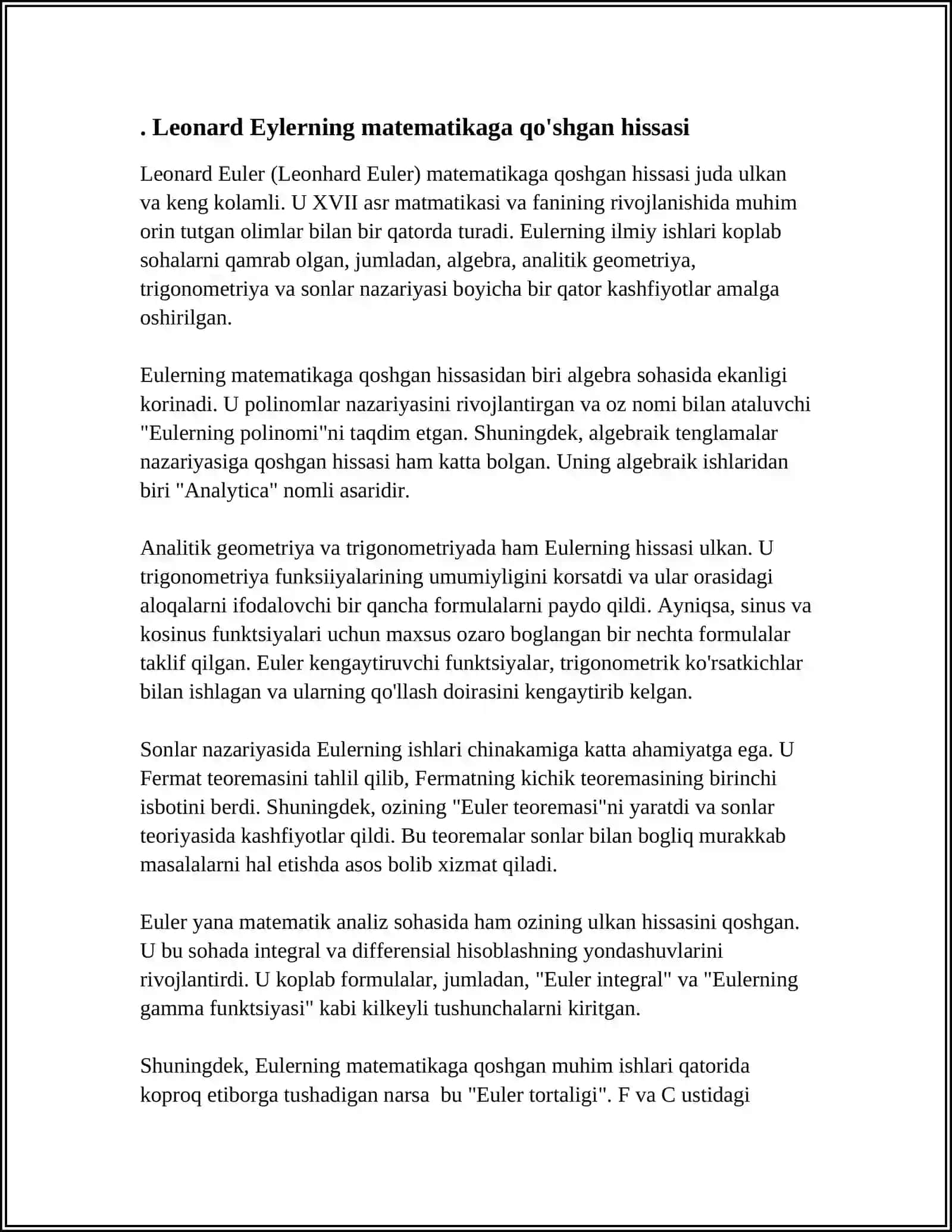 Leonard Euler matematikaga qo'shgan hissasi 3