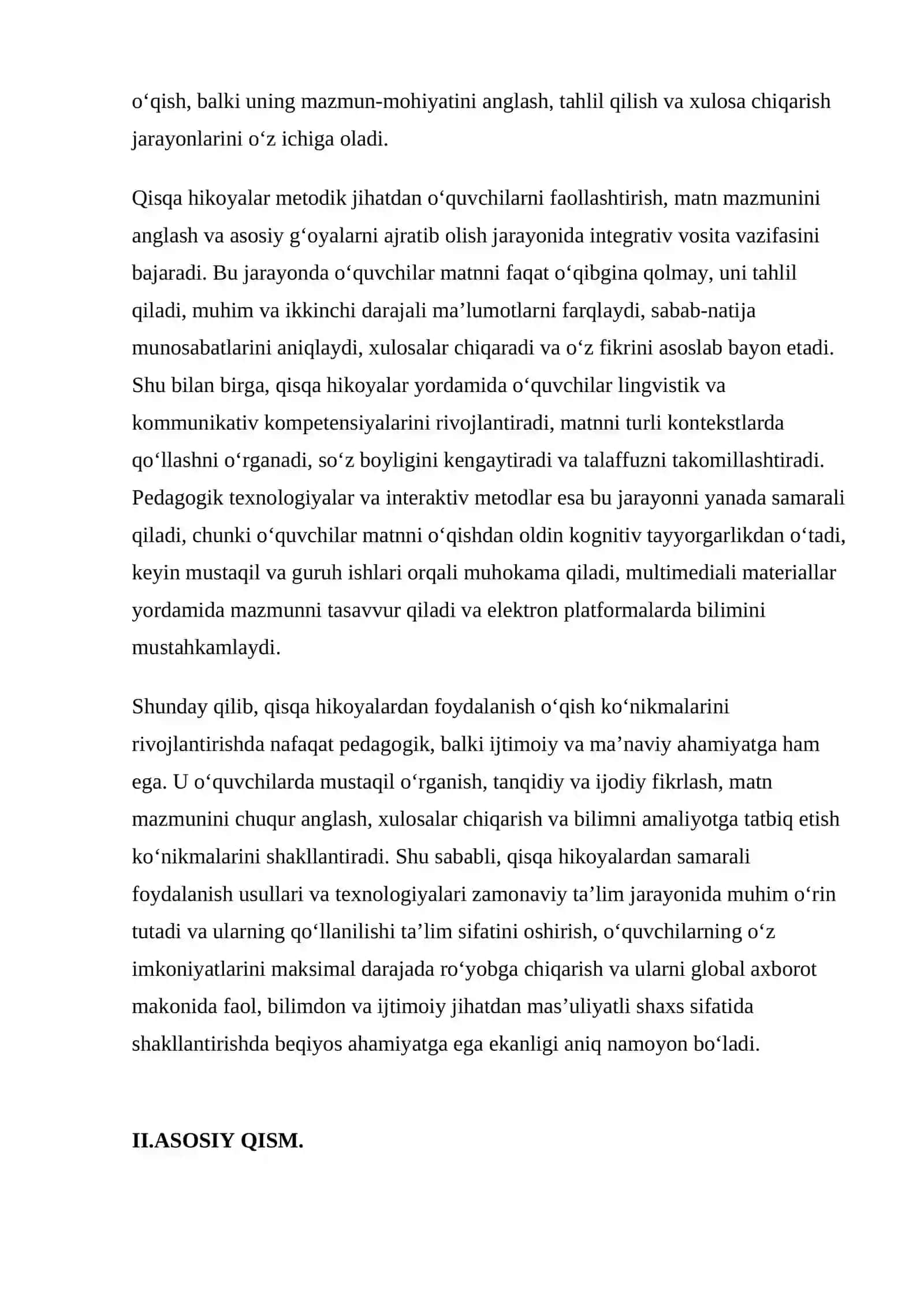O‘QISH KO‘NIKMASINI RIVOJLANTIRISHDA QISQA HIKOYALARDAN SAMARALI FOYDALANISH USULLARI VA TEXNOLOGIYALARI 3
