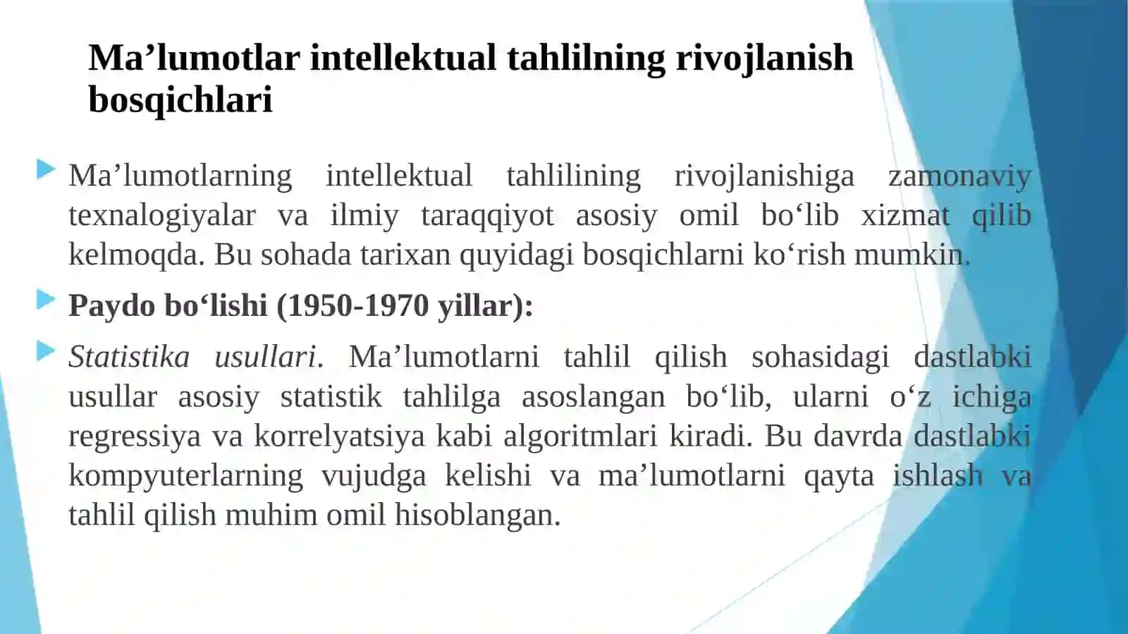 Maʼlumotlar intellektual tahlilning rivojlanish bosqichlari. Maʼlumotlarni tushinish (data understanding) Maʼlumotlarni tayyorlash (data preparation). 3
