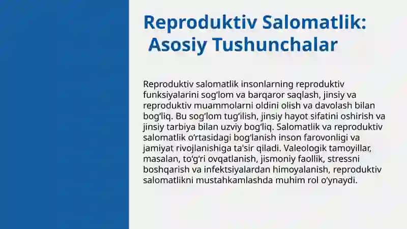 Reproduktiv salomatlikning valeologik tamoyillari.Reproduktiv salomatlikda ribbiyot xodimlarning roli. Aholining salomatligini saqlashda ribbiyot xodimlarning inson ongiga ta'siri. 3