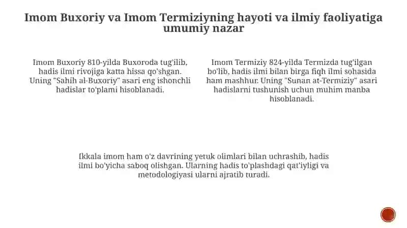 "Imom Buxoriy va Imom Termiziyning hadis ilmiga qushgan hissalarini qivosiy tahlili" 3