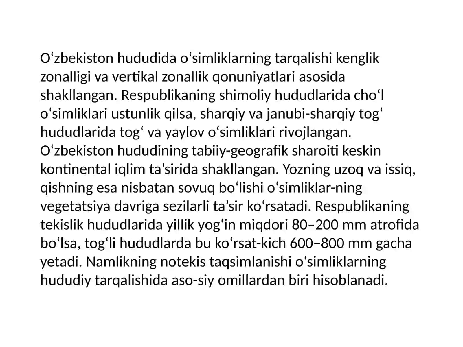 O‘zbekiston o‘simliklari, ularning kenglik zonalari va balandlik mintaqalari bo'yicha taqsimlanishi 3